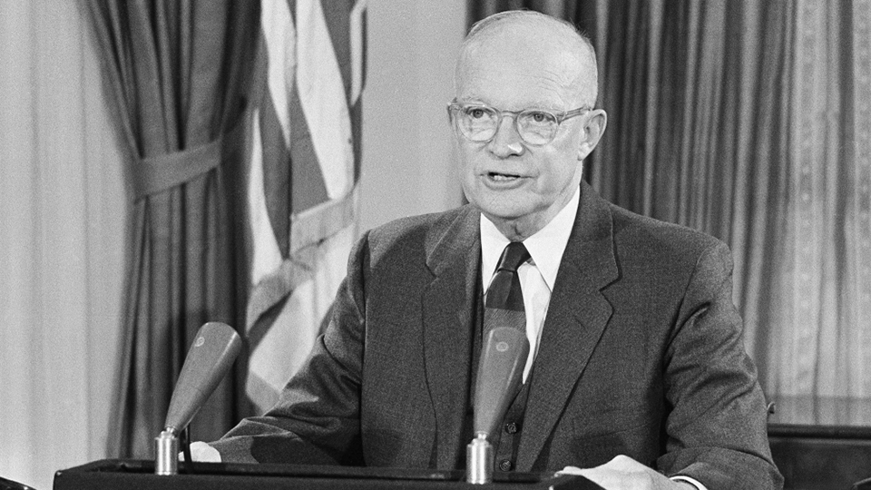 President Eisenhower at the podium delivering his final speech, 1961