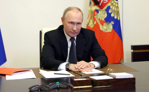 Russian President Vladimir Putin chairs a meeting with members of the Security Council via a video link at a residence outside Moscow, Russia, October 19, 2022.