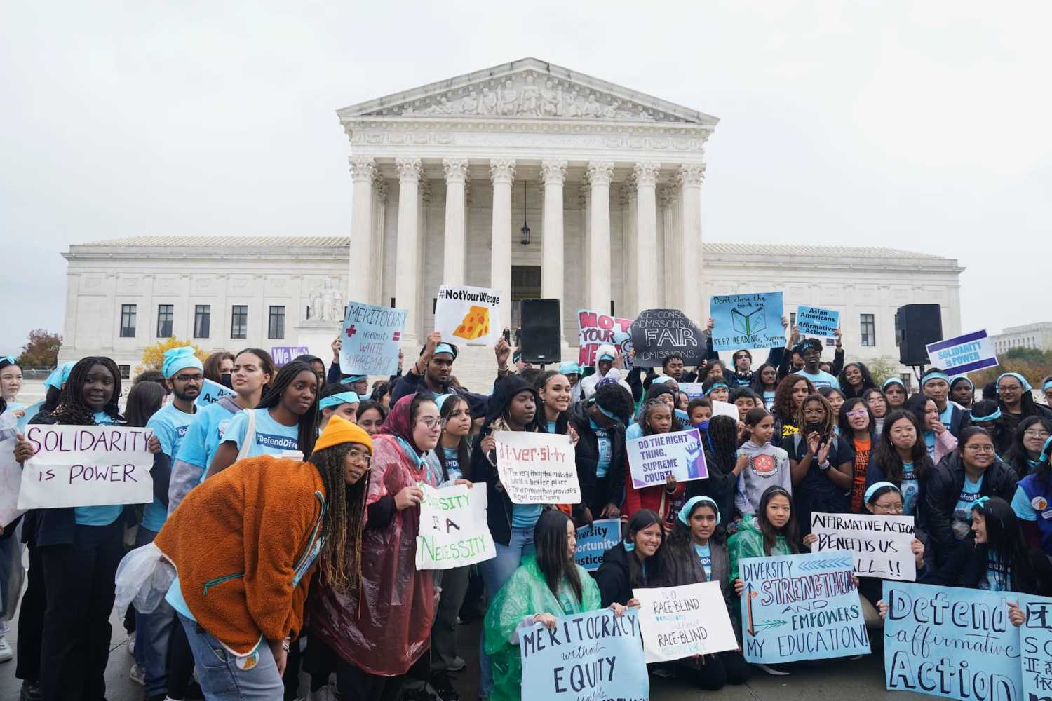 Oct. 31, 2022; Washington, DC, USA; Protestors gather outside as the U.S. Supreme Courts hears oral arguments in two affirmative action college admission cases on October 31, 2022. The two lawsuits from Students for Fair Admissions, an anti-affirmative action group founded by conservative legal strategist Edward Blum, accuse the University of North Carolina and Harvard of discriminating against Asian American students and giving unfair preference to Black and Hispanic applicants challenging decades of legal precedent. In the lawsuit against UNC, the group says the school also discriminated against white applicants. Mandatory Credit: Jack Gruber-USA TODAY