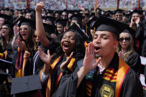 Graduating students cheer as they receive their degrees during Commencement ceremonies at Boston College in Chestnut Hill, Massachusetts, U.S., May 22, 2023. Credit: REUTERS/Brian Snyder