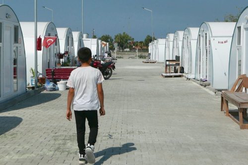 A shot of a temporary settlement for Syrian refugees displaced by earthquake, Iskenderun, Turkey, September 26 2023.