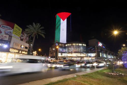 A shopping mall is illuminated with the Palestinian flag in solidarity with Palestinians in Gaza, in Baghdad, Iraq October 7, 2023.