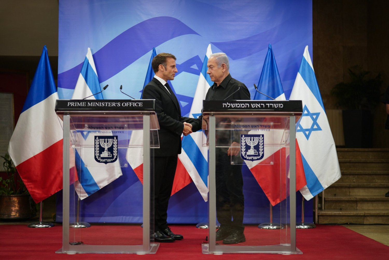 A joint press conference of French President Emmanuel Macron and Israeli Prime Minister Benjamin Netanyahu in Jerusalem on Oct 24, 2023. Macron's visit comes after European Union foreign ministers on Monday (October 23) struggled to agree on a call for a humanitarian pause in the war between Israel and Hamas to allow much more aid to reach civilians. EYEPRESS via Reuters Connect