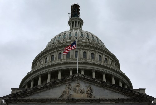 The dome of the U.S. Capitol building is seen on a rainy day as the deadline to avert a government shutdown approaches in Washington