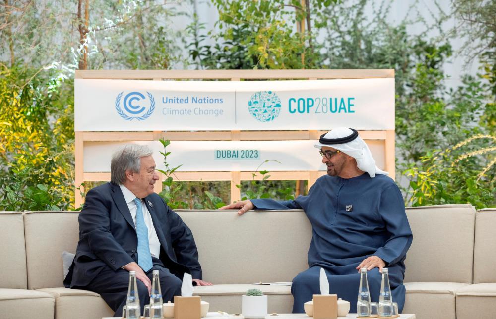 President of the United Arab Emirates Sheikh Mohamed bin Zayed Al Nahyan attends a meeting with Secretary-General of the United Nations Antonio Guterres, within the United Nations Climate Change Conference (COP28), in Dubai, United Arab Emirates, December 3, 2023. Ryan Carter/UAE Presidential Court/Handout via Reuters