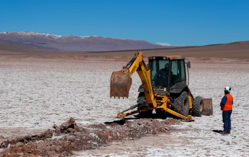 Labourers of Alpha Lithium work at the Tolillar salt flat, in Salta, Argentina.