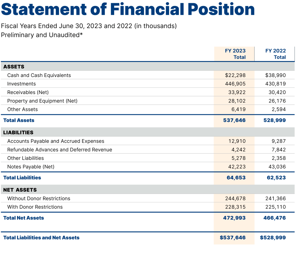 Brookings Table - Summary of Financial Position