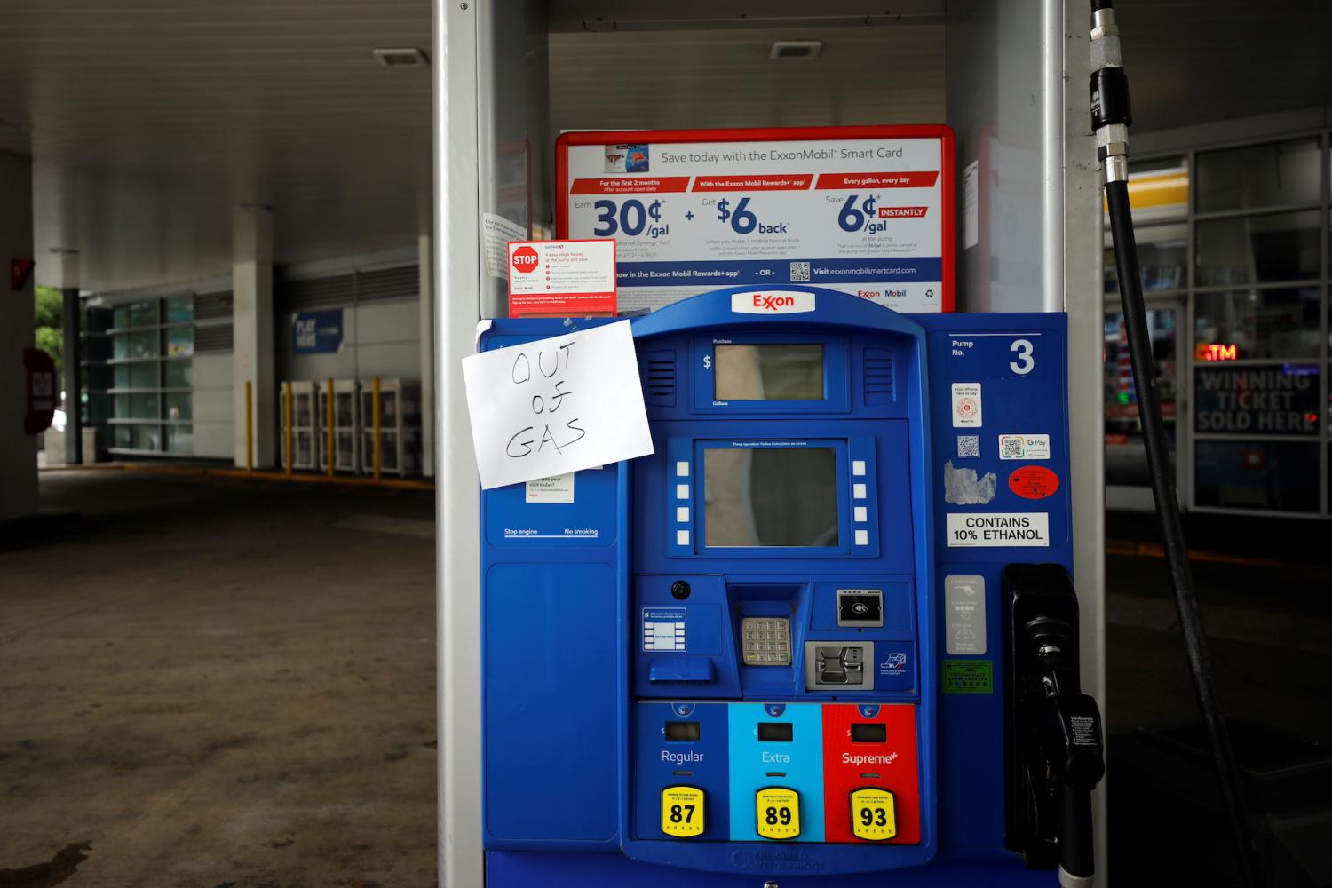 An Exxon station is seen out of gas after a cyberattack crippled the biggest fuel pipeline in the country, run by Colonial Pipeline, in Washington, U.S., May 15, 2021.