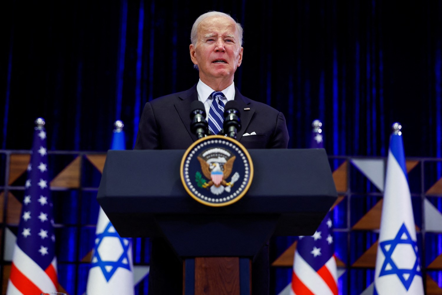 U.S. President Joe Biden delivers remarks as he visits Israel amid the ongoing conflict between Israel and Hamas, in Tel Aviv, Israel, October 18, 2023.