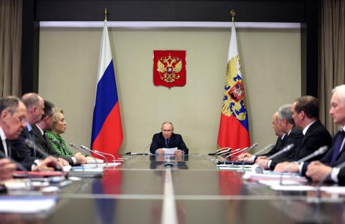 Russian President Vladimir Putin chairs a meeting of his Security Council and the government and the heads of law enforcement agencies on the situation in the Middle East and on ensuring law and order in Russia, at the Novo-Ogaryovo state residence outside Moscow, Russia October 30, 2023. Sputnik/Gavriil Grigorov/Pool via REUTERS