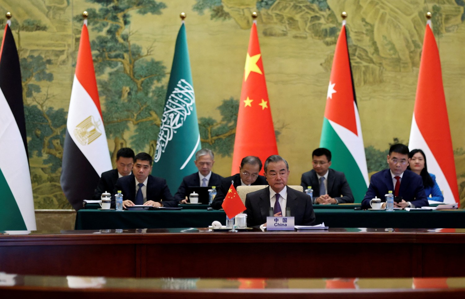 Chinese Foreign Minister Wang Yi attends a meeting with Saudi, Jordanian, Egyptian, Indonesian, Palestinian, and Organization of Islamic Cooperation delegations at the Diaoyutai State Guesthouse in Beijing, China, November 20, 2023. REUTERS/Florence Lo/Pool