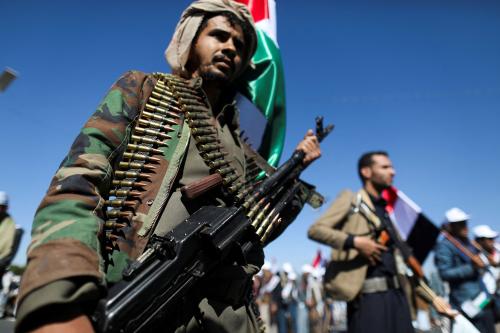 Newly recruited fighters who joined a Houthi military force intended to be sent to fight in support of the Palestinians in the Gaza Strip, march during a parade in Sanaa, Yemen December 2, 2023.