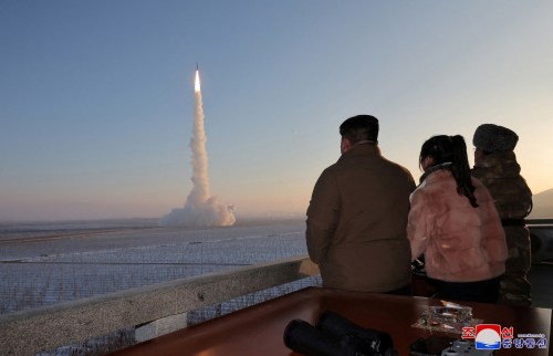 North Korean leader Kim Jong Un views the launch of a Hwasong-18 intercontinental ballistic missile at an unknown location December 18, 2023 in this picture released by the Korean Central News Agency.