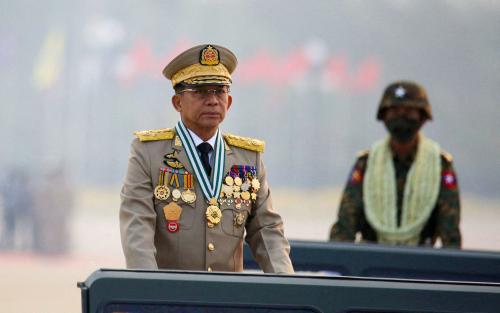 Myanmar's junta chief Senior General Min Aung Hlaing, who ousted the elected government in a coup on February 1, 2021, presides over an army parade on Armed Forces Day in Naypyitaw, Myanmar, March 27, 2021.