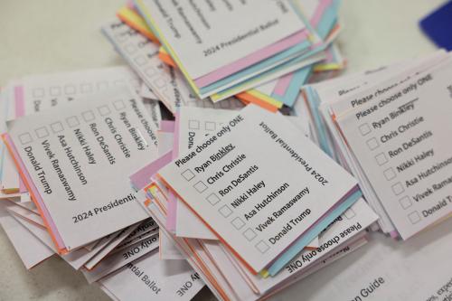 Ballots for candidates are pictured at the Mineola Community Center before the caucus vote in Mineola, Iowa, U.S. January 15, 2024.