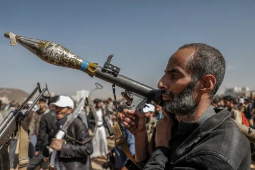 Iran-backed Houthi rebels take part in a demonstration against the USA and Israel, amid growing tensions between the USA and the Houthis following the latter's several operations in the Red Sea.