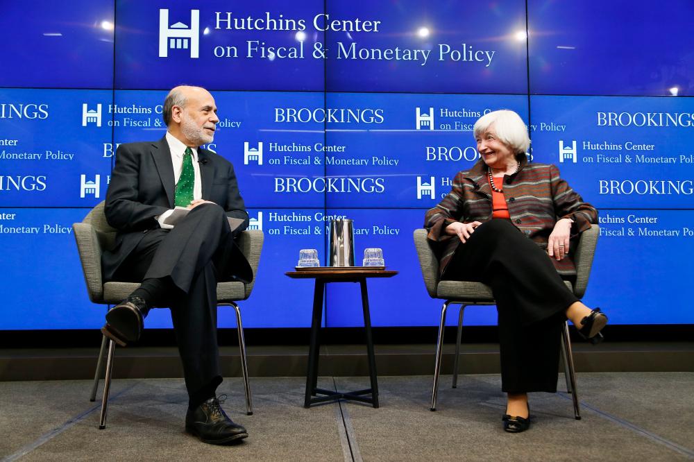 Ben Bernanke and Janet Yellen at a Hutchins Center event.