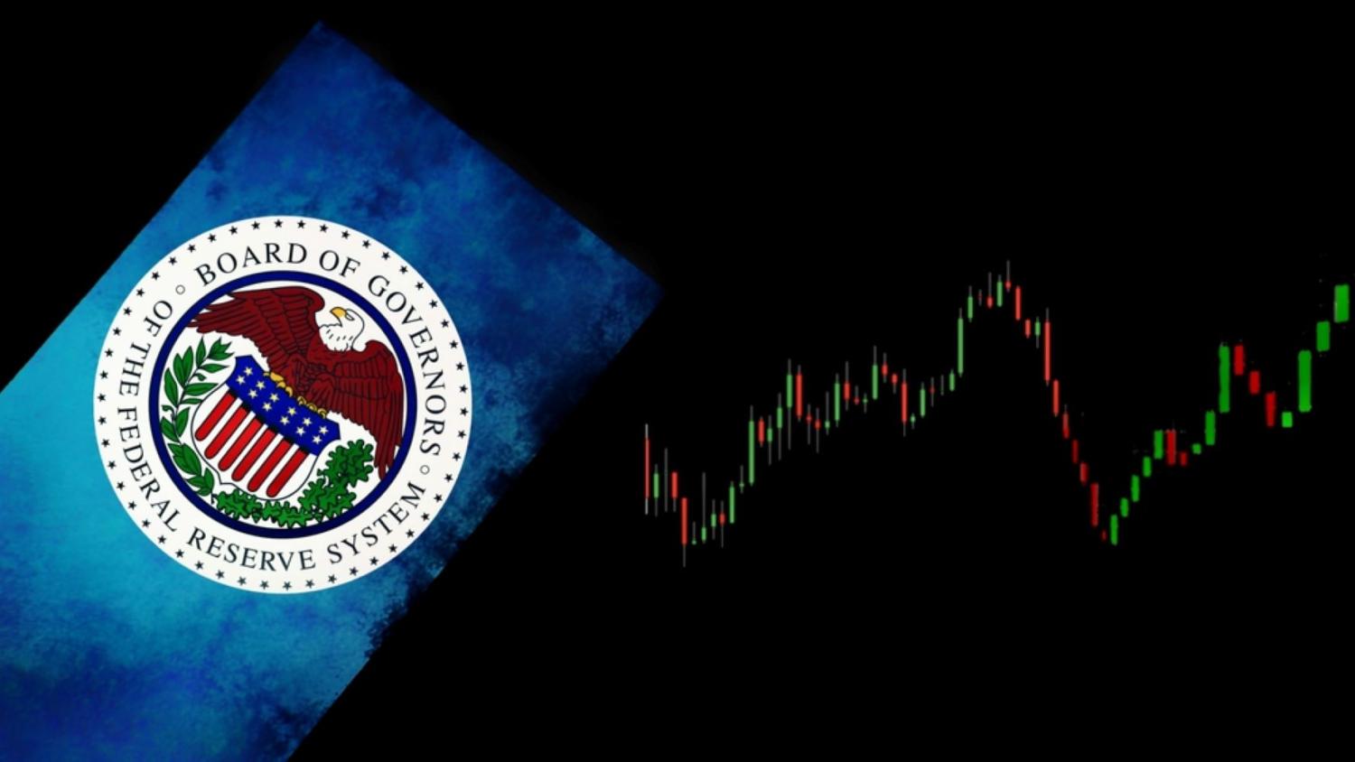 The photo shows the Federal Reserve seal and an abstract chart.