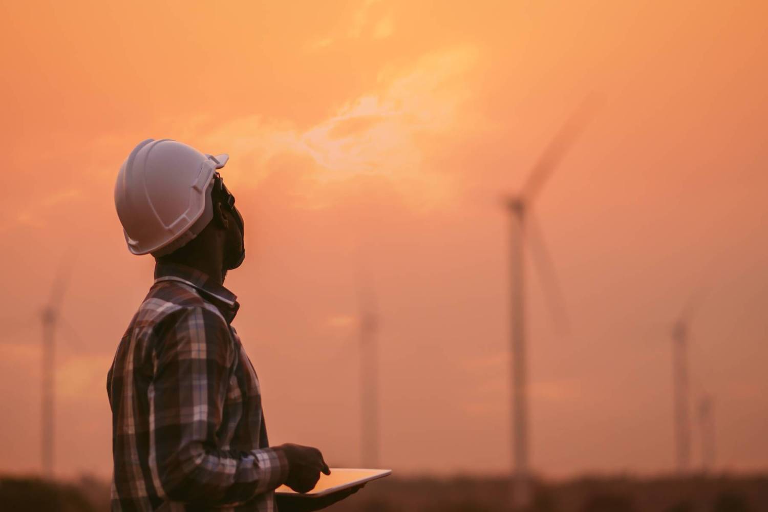 A black male engineer looks out at wind turbines. (Photo credit: arrowsmith2 / Shutterstock)