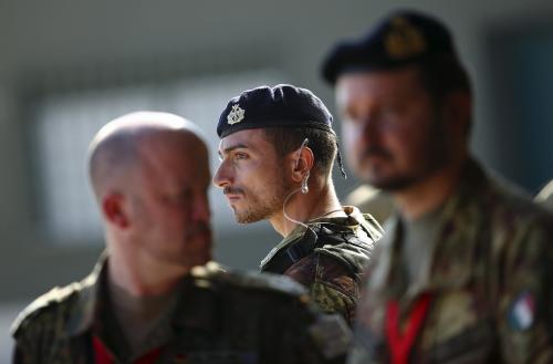 NATO soldiers attend a NATO military exercise at the Birgi NATO airbase in Trapani.
