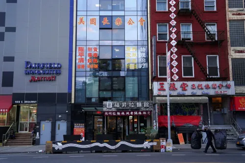 The former office of the America ChangLe Association, described by U.S. authorities as a Chinese "secret police station" masquerading as a social gathering place for people from China's Fujian province, on the fourth floor of the Royal East Plaza building at 107 East Broadway in the Chinatown neighborhood of New York City, U.S., April 17, 2023.