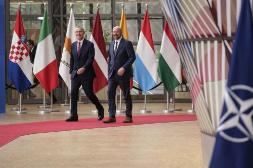 NATO General Secretary Jens Stoltenberg and Charles Michel, President of the European Council, attend a press conference on the Russian invasion and military aid to Ukraine, during the European Summit in Brussels, Belgium, on June 29, 2023.