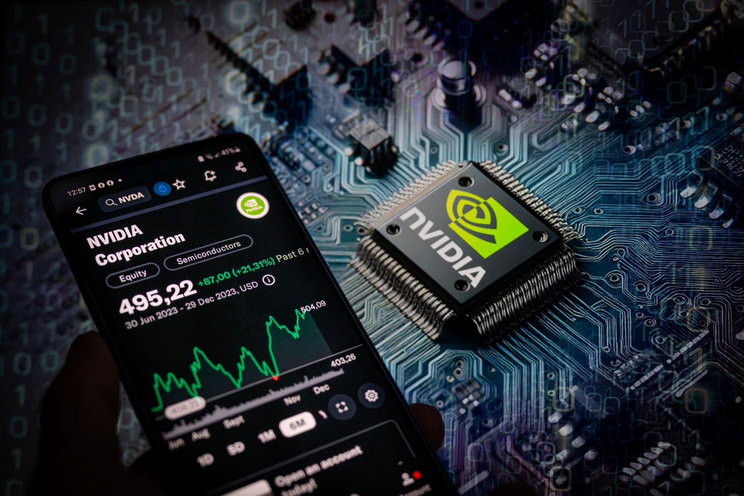 A smart phone is displaying the NVIDIA Corporation stock price on the NASDAQ market, with an NVIDIA chip visible in the background, in this photo illustration taken in Brussels, Belgium, on December 30, 2023.