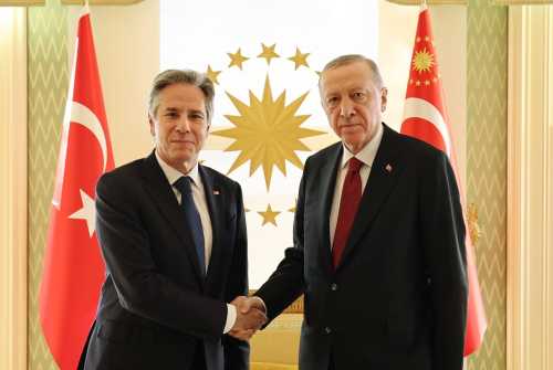 Turkey s President Recep Tayyip Erdogan R shaking hands with US Secretary of State Antony Blinken Turkey s President Recep Tayyip Erdogan R shaking hands with US Secretary of State Antony Blinken L prior to their meeting at the Vahdettin private residence of the presidency in Istanbul, on January 06, 2024. IMAGO/APAimages via Reuters Connect.