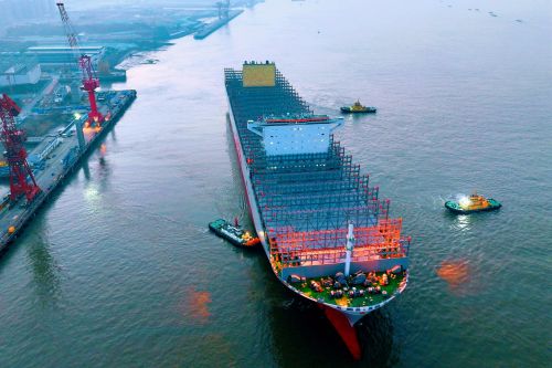 The world's largest container ship is leaving the Nantong section of the Yangtze River for its sea trial in Nantong, Jiangsu Province, China, on January 9, 2024.