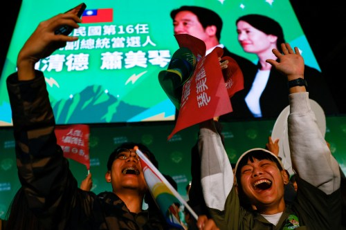 Supporters of the Democratic Progressive Party (DPP) celebrate during a rally, following the victory of Lai Ching-te in the presidential elections, in Taipei, Taiwan, January 13, 2024.