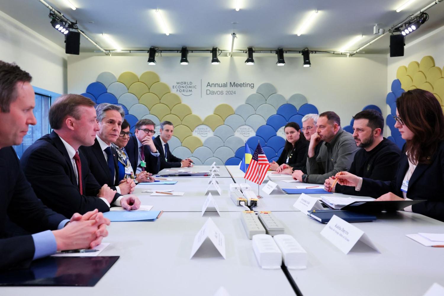 U.S. Secretary of State Antony Blinken and Ukraine's President Volodymyr Zelenskiy meet during the 54th annual meeting of the World Economic Forum in Davos, Switzerland, January 16, 2024.