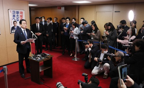 Japan's Prime Minister Fumio Kishida speaks to reporters after attending the Liberal Democratic Party's political reform headquarters at the party's office in Tokyo on January 23, 2024.
