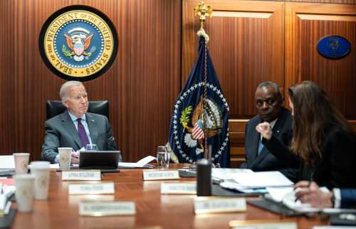 U.S President Joe Biden is briefed by members of the national security team in the Situation Room on Monday Jan 29, 2024 on the latest developments regarding the attack on U.S. service members in northeastern Jordan on Saturday night Jan 27, 2024.