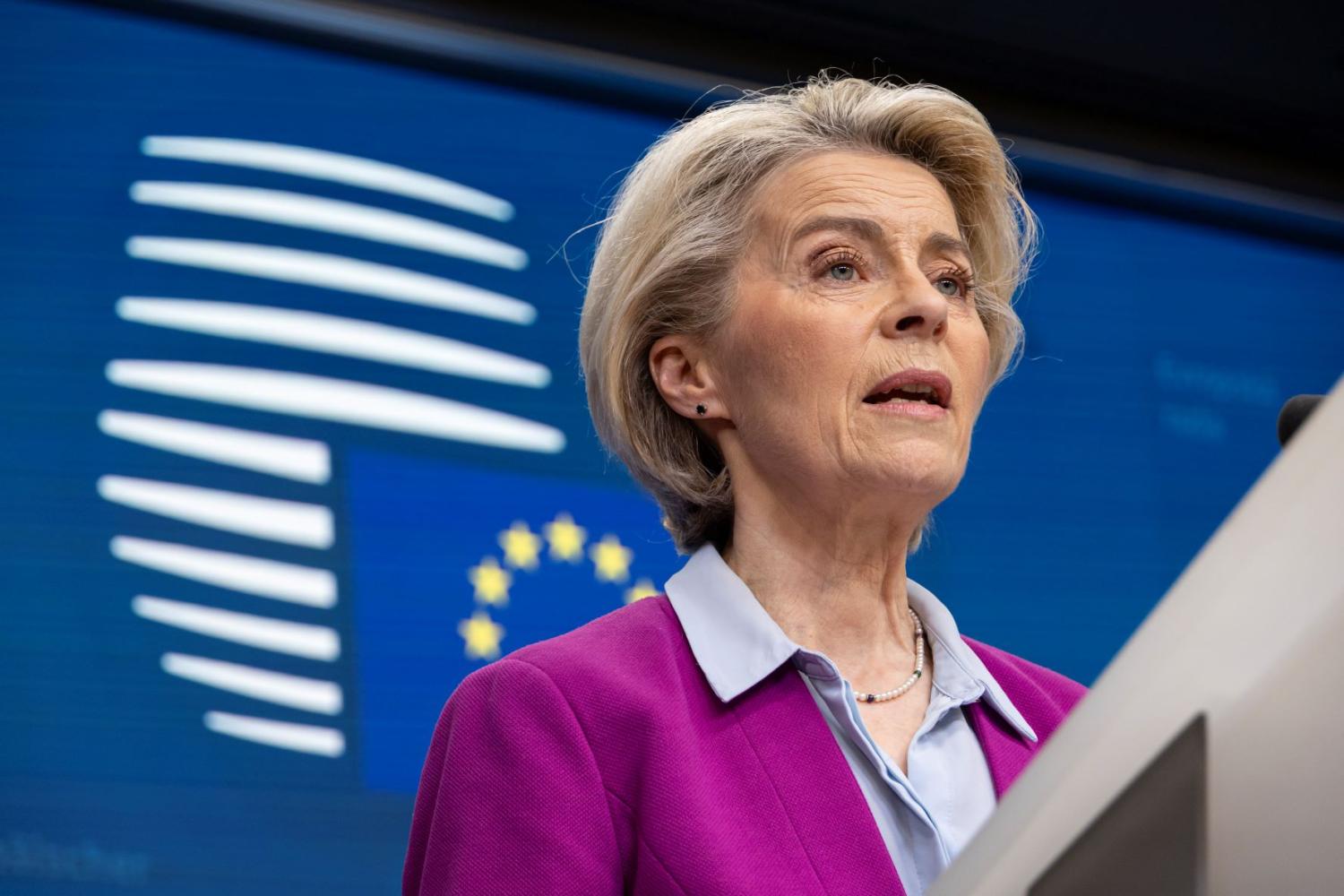 Ursula von der Leyen at a joint press conference briefing with Charles Michel President of the European Council.