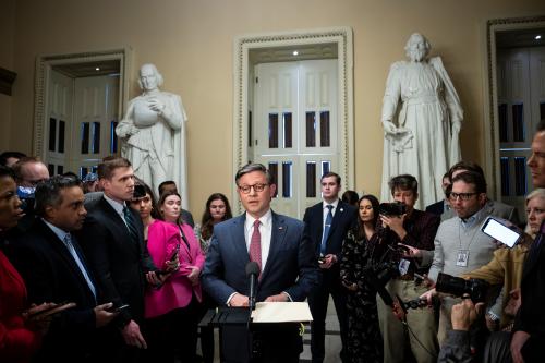 Speaker of the House Mike Johnson (R-LA) speaks to reporters during a media availability, at the U.S. Capitol, in Washington, DC, on Wednesday, February 7, 2024. Graeme Sloan/Sipa USA.