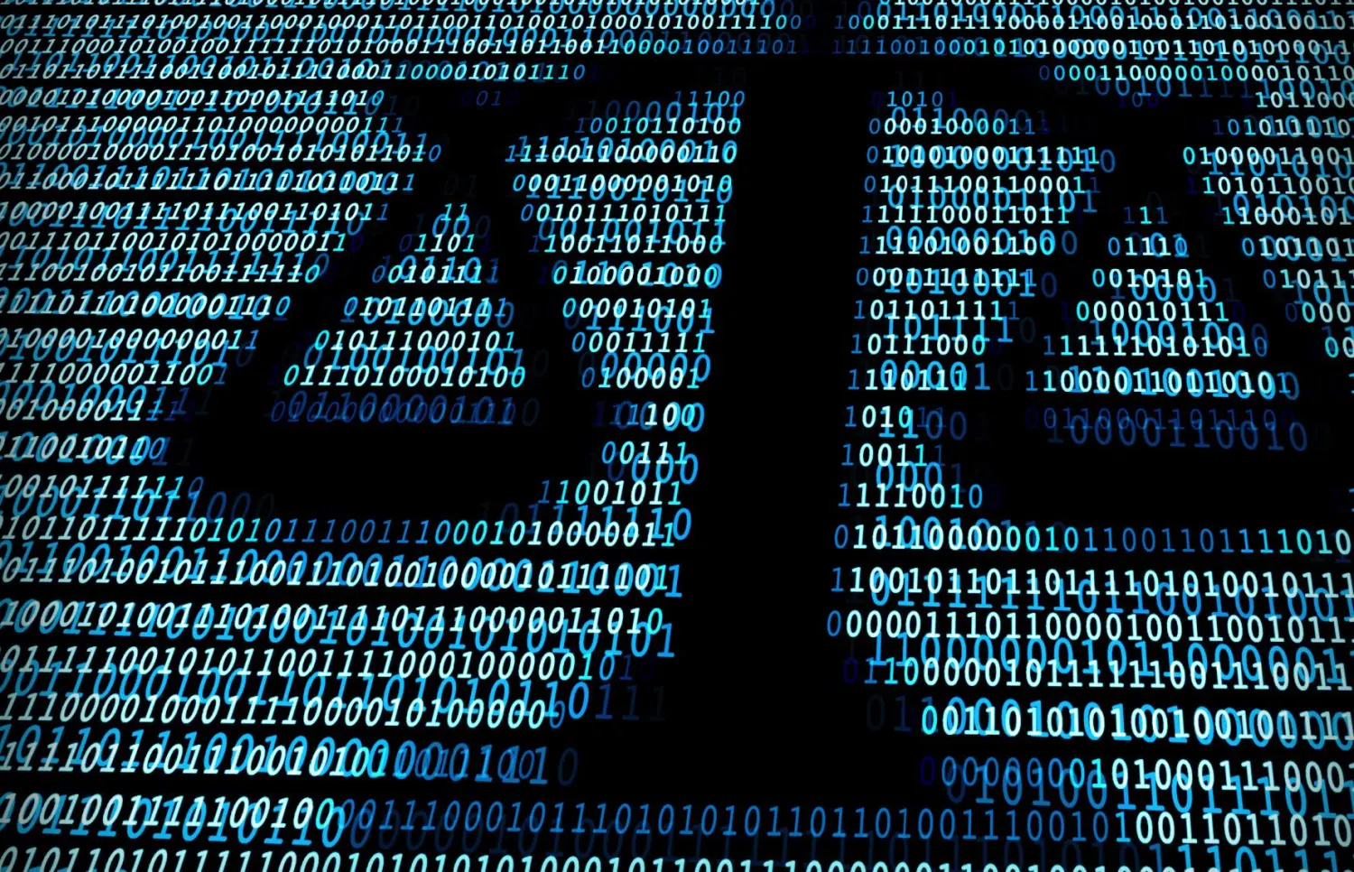 A balancing scale's silhouette over binary code.