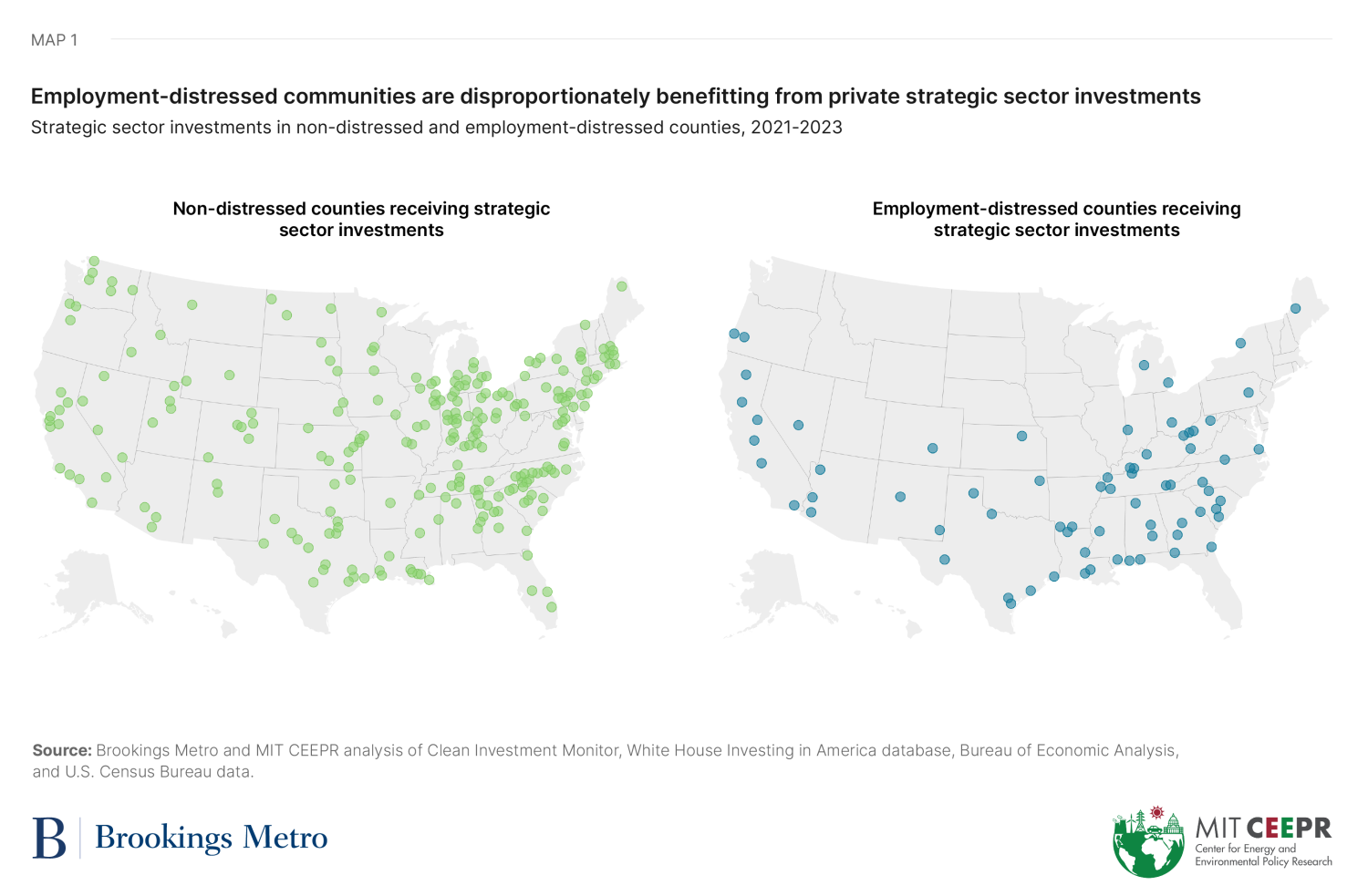 Map 1: Employment-distressed communities are disproportionately benefitting from private strategic sector investments