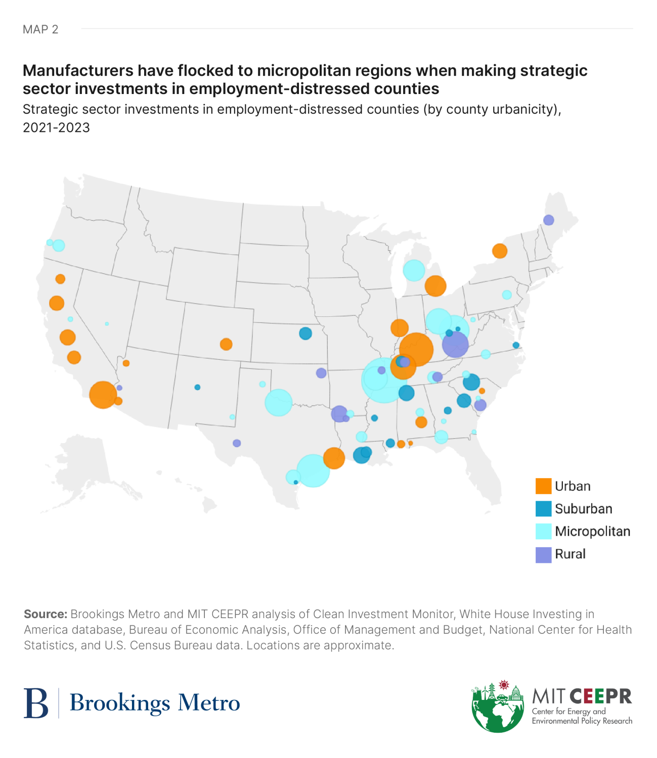 Map 2: Manufacturers have flocked to micropolitan regions when making strategic sector investments in employment-distressed counties
