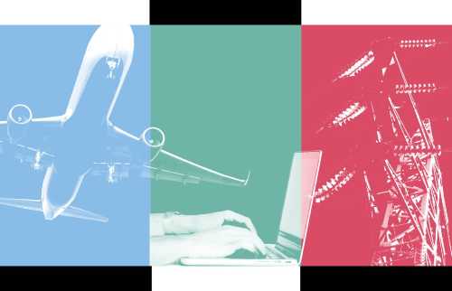 Illustration combining an airplane, person working at a computer, and powerlines