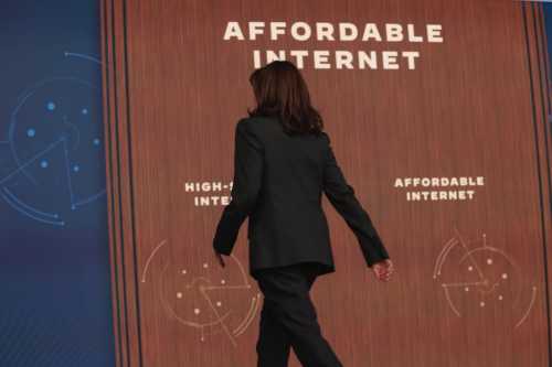 US Vice President Kamala Harris departs after speaking during an event announcing that more than 10 million households are enrolled in the Affordable Connectivity Program, the nation's largest ever broadband affordability program, due to the Bipartisan Infrastructure Law, during an event at the Eisenhower Executive Office Building in Washington, DC, on February 14, 2022.