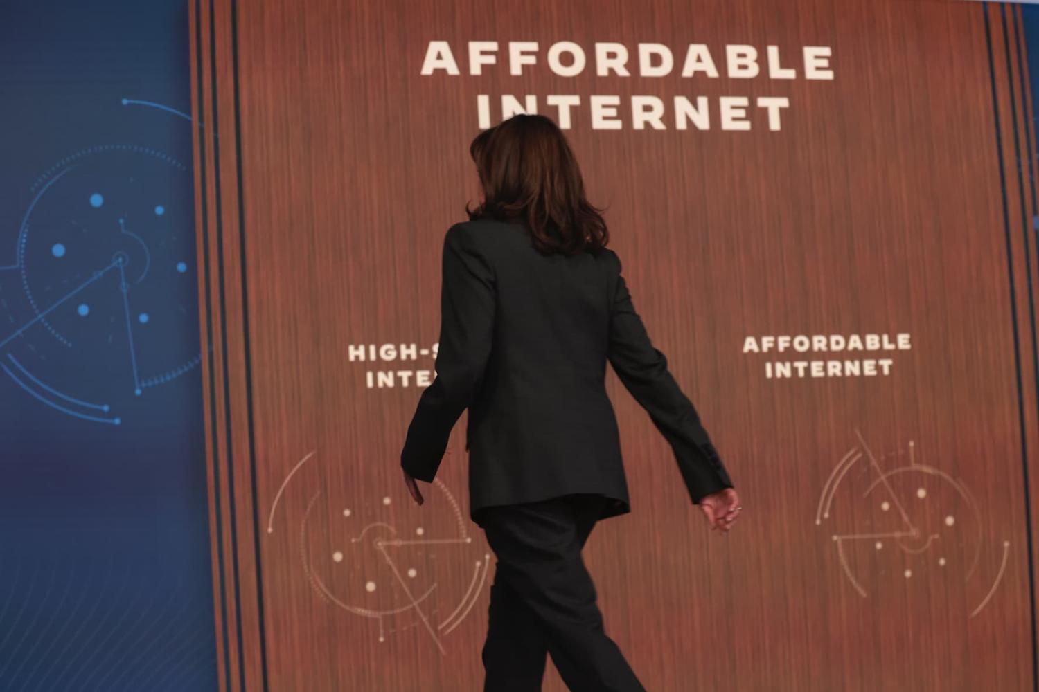 US Vice President Kamala Harris departs after speaking during an event announcing that more than 10 million households are enrolled in the Affordable Connectivity Program, the nation's largest ever broadband affordability program, due to the Bipartisan Infrastructure Law, during an event at the Eisenhower Executive Office Building in Washington, DC, on February 14, 2022.