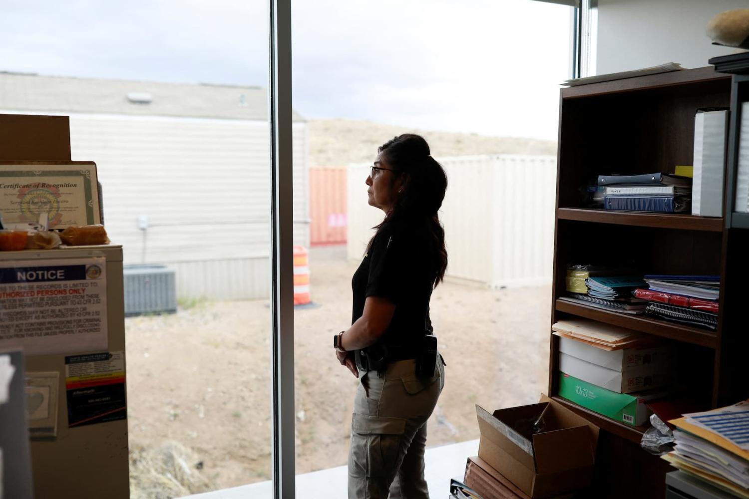 Sgt. Kathleen Lucero poses for a picture inside her office at the Isleta Police Department in Isleta Pueblo, New Mexico, U.S., May 19, 2023. REUTERS/Adria Malcolm