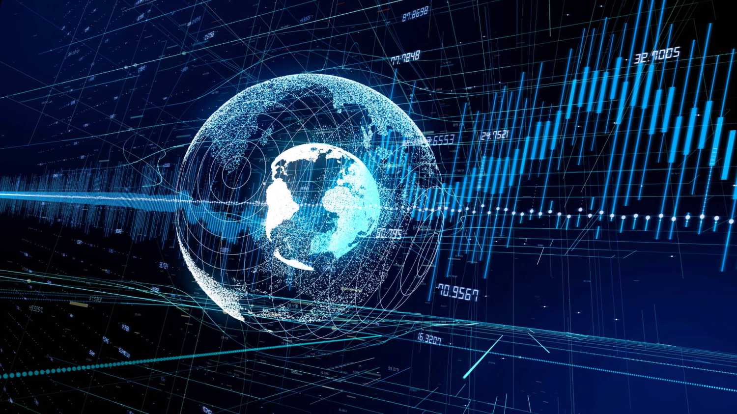 A graph of financial indicators flowing through the globe