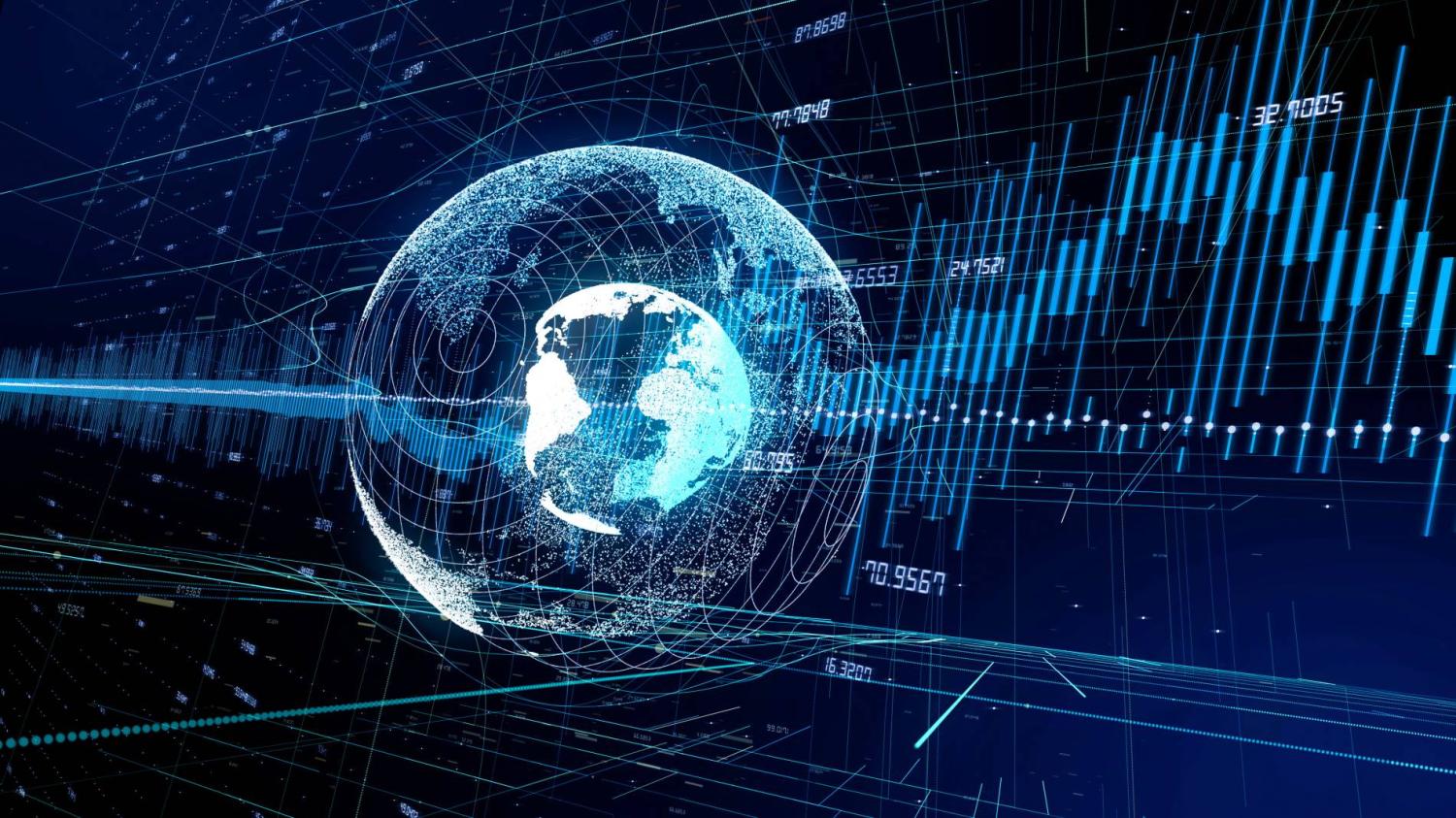 A graph of financial indicators flowing through the globe