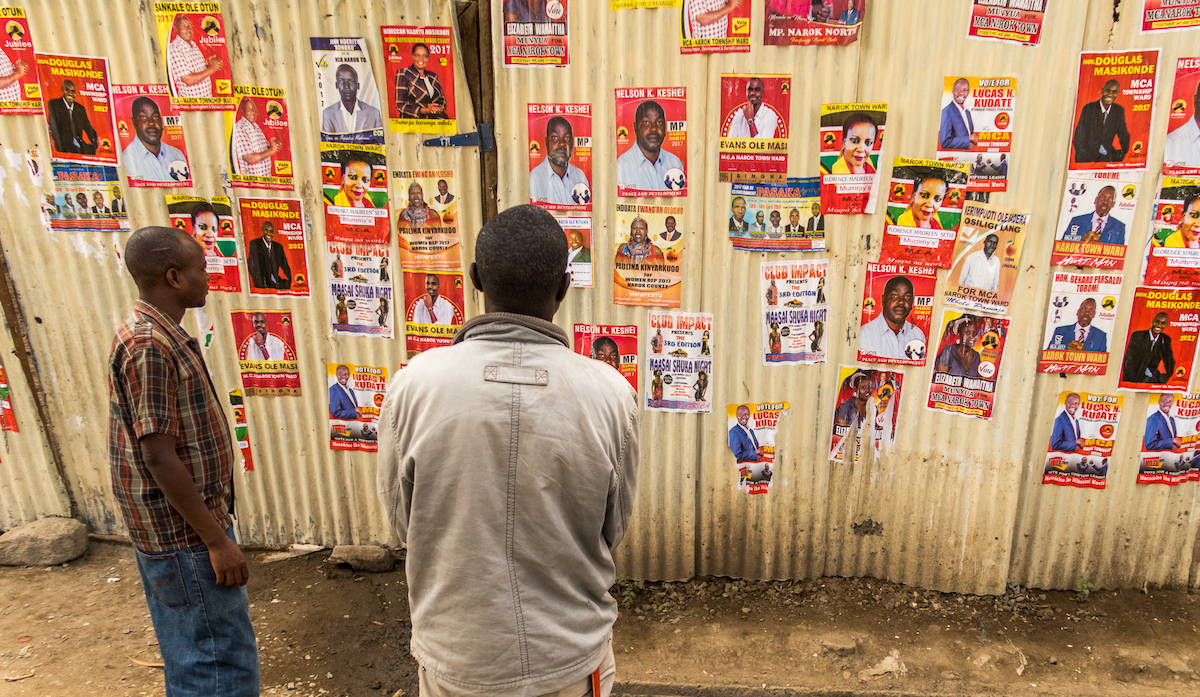 Kenya local elections in August 2017. Campaign posters cover every available inch in Narok County, home to the Masai people.