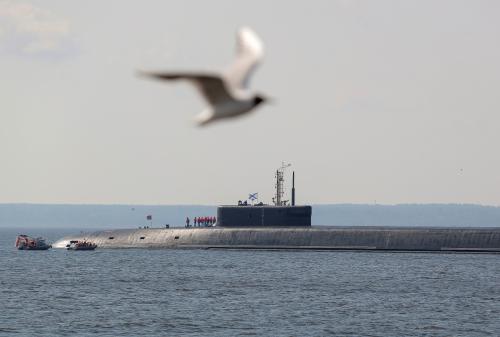The nuclear-powered ballistic missile submarine K-549 Knyaz Vladimir is anchored ahead of the Navy Day parade in Kronstadt, Russia July 16, 2021. REUTERS/Igor Russak
