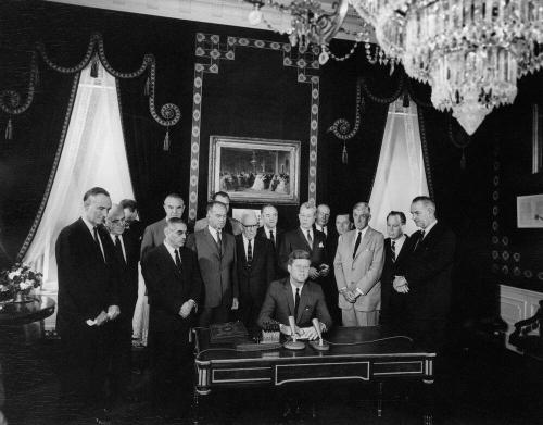 President John F. Kennedy delivers remarks after signing the Nuclear Test Ban Treaty.