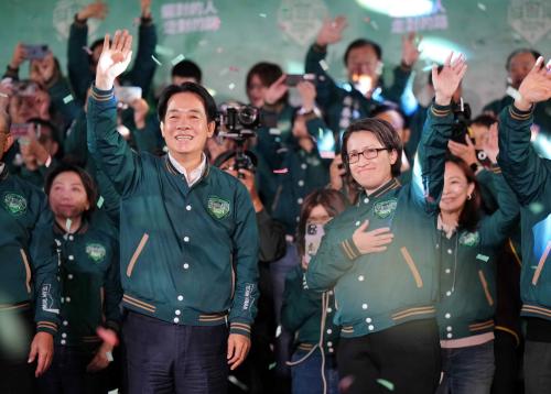 Lai Ching-te (L) of the ruling Democratic Progressive Party (DPP), and Hsiao Bi-khim (R), vice president-elect, celebrate after winning the 2024 Taiwanese presidential elections in Taipei, Taiwan on January 13, 2024.