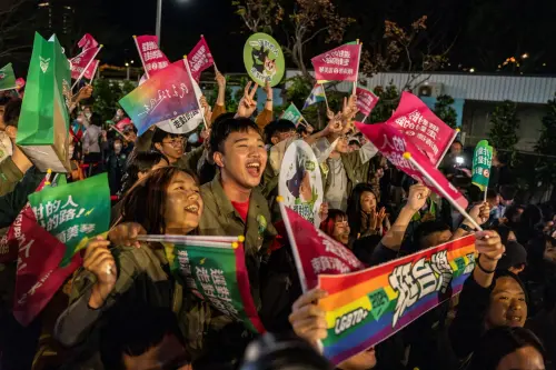 Couple was celebrating after the 2024 presidential election result came out in Taipei, Taiwan on Sunday evening, Jan 13, 2024.