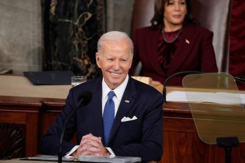 President Joe Biden speaks during the State of the Union address from the House chamber of the United States Capitol in Washington on February 7, 2023.